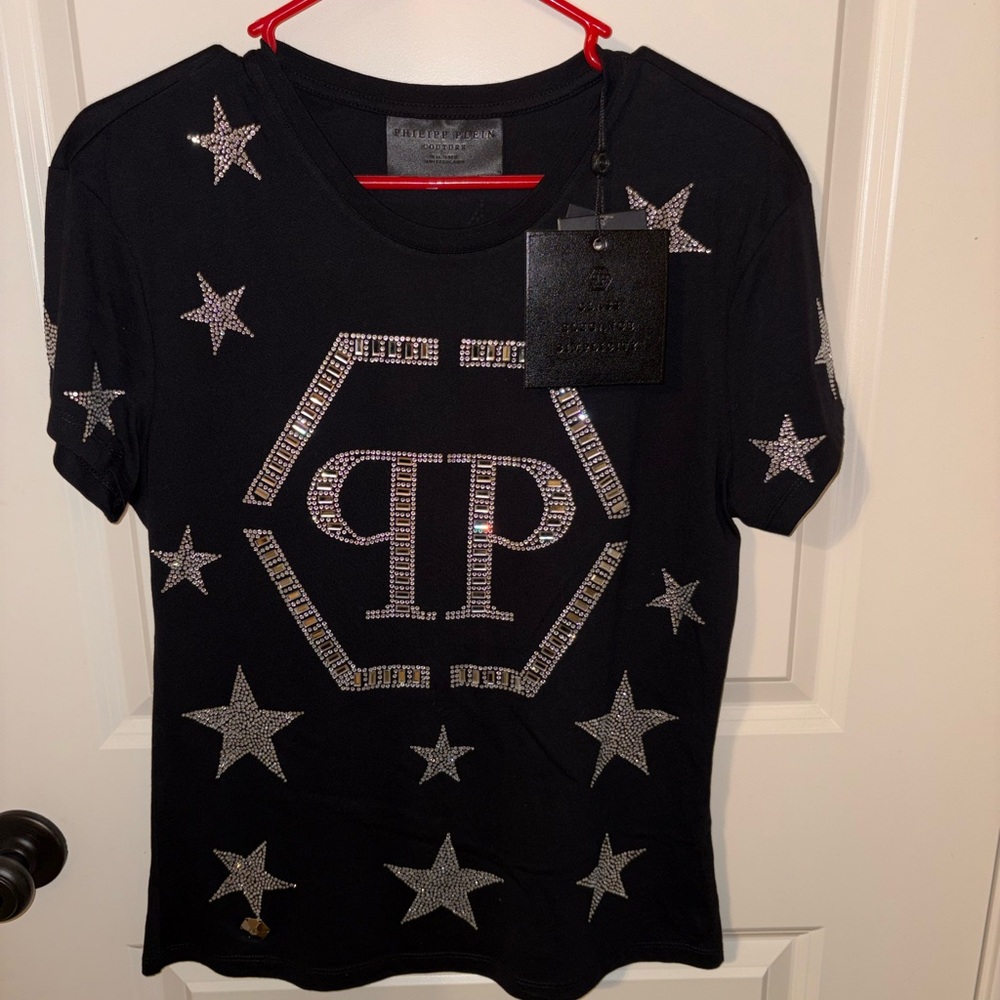 Philipp Plein Black Tee with Silver Star Accents
